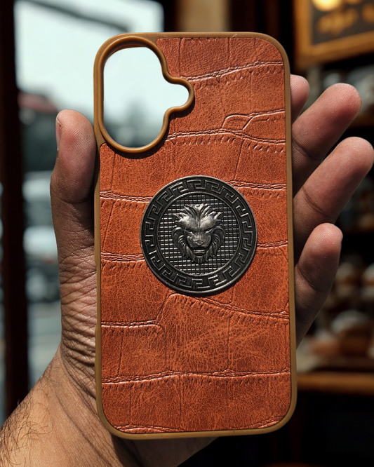 IPHONE APPLE LEATHER SANATA BARBARA 3D LION WITH SILVER IN BROWN