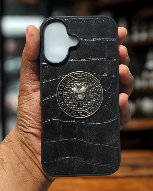 IPHONE APPLE LEATHER SANATA BARBARA 3D LION WITH SILVER IN BLACK